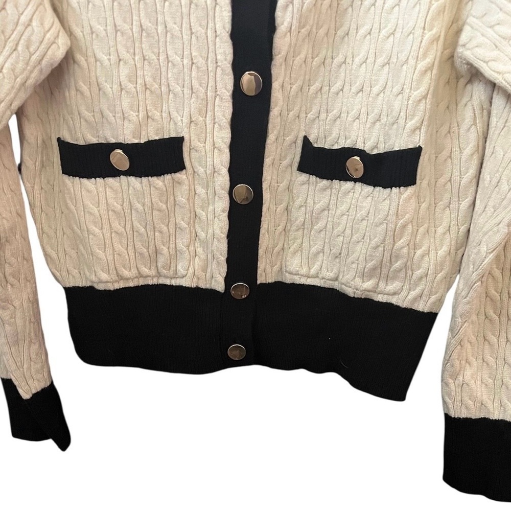 Marled Cozy Cable-Knit Sweater Cream/Tan & Black Collared Contrast Size M Preppy - Picture 4 of 7